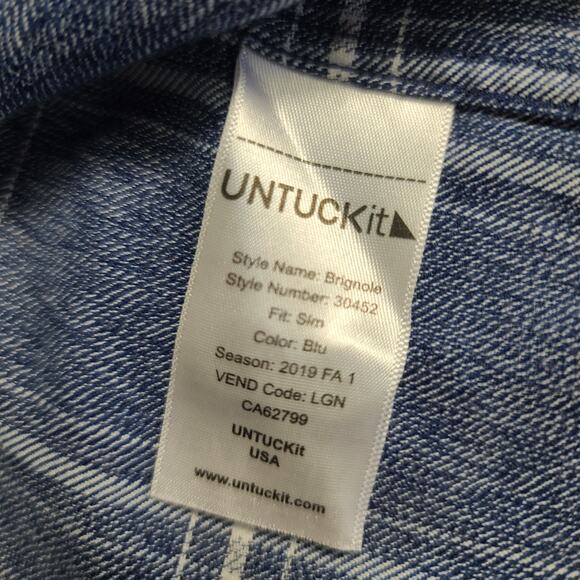 Untuckit Brignole Blue White Plaid Flannel Slim Fit Button Down Shirt Large - Picture 3 of 3